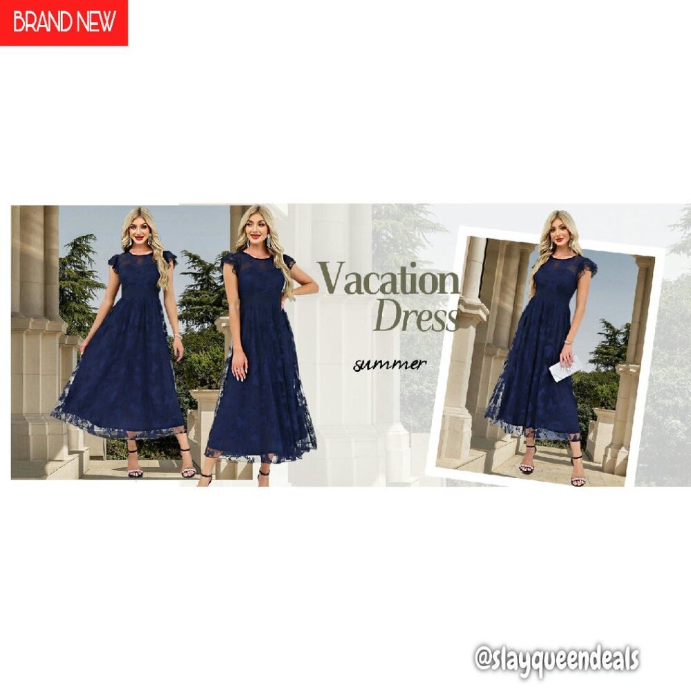 Flowy Tulle Midi Dress with Ruffle Sleeves Lace Trim Formal Party - Picture 8 of 8